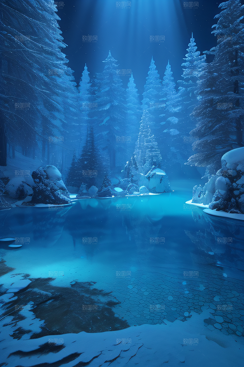 冬日仙境雪中湖泊的奇幻建筑