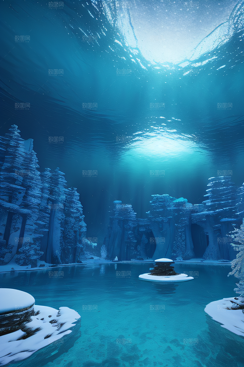 冬日仙境雪中湖泊的奇幻建筑