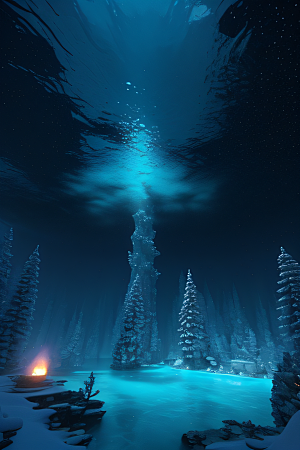 半水下的蓝色湖泊奇幻建筑的梦幻世界