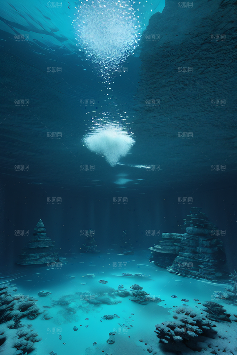 半水下的蓝色湖泊奇幻建筑的梦幻世界