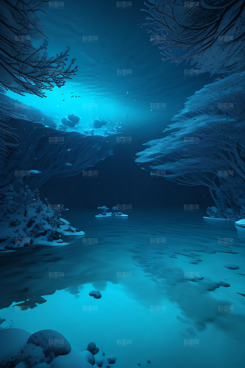 半水下的蓝色湖泊奇幻建筑的梦幻世界