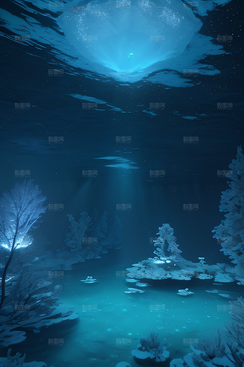 半水下的蓝色湖泊奇幻建筑的梦幻世界
