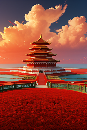 五彩祥云下的玫瑰宫殿
