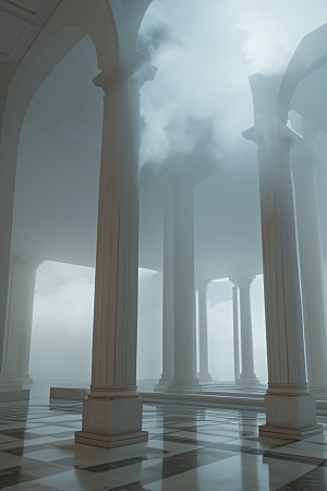 复杂建筑中的云雾雕塑壮丽展现神话传说