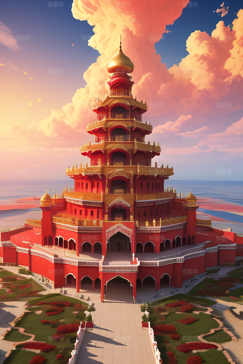 五彩祥云下的玫瑰宫殿