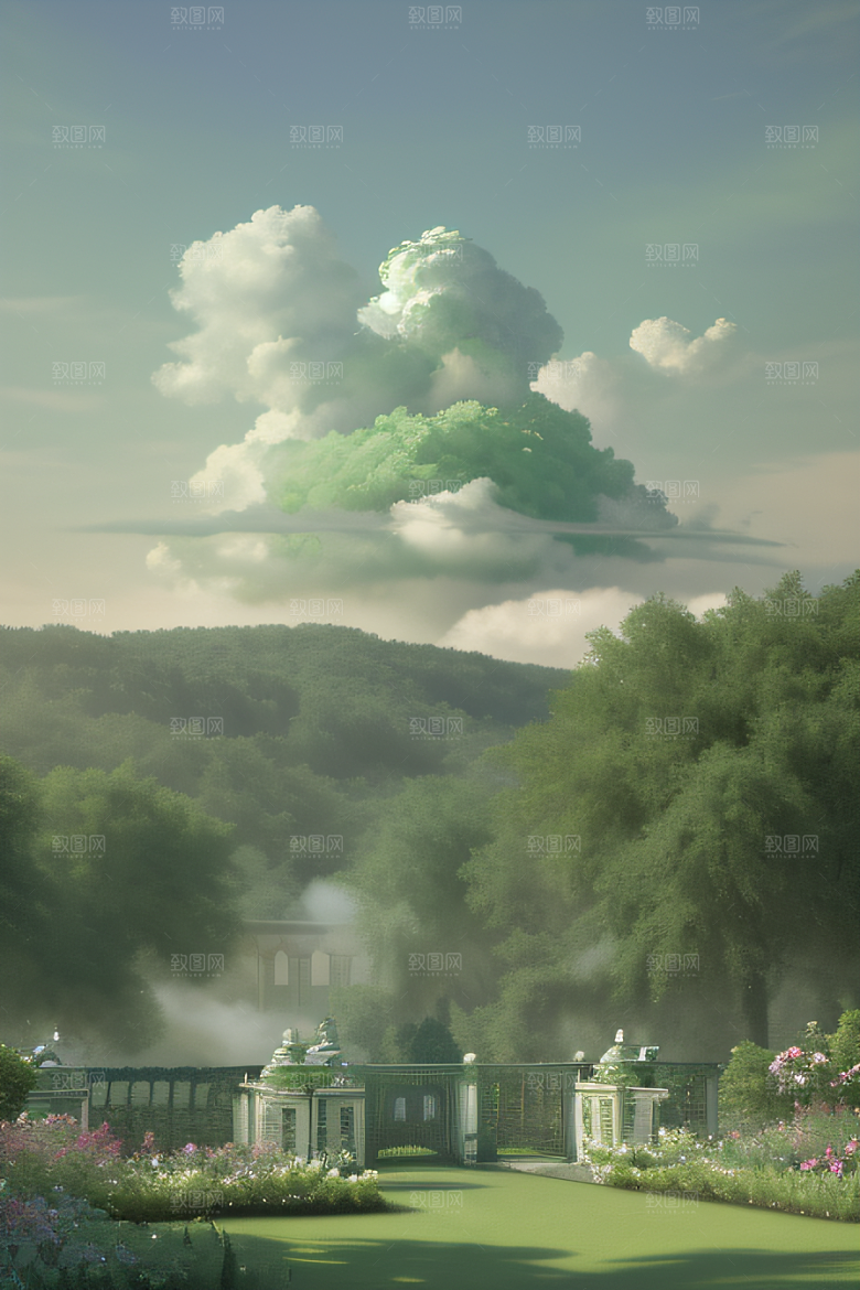 美学与梦幻绿云下的宫殿景观