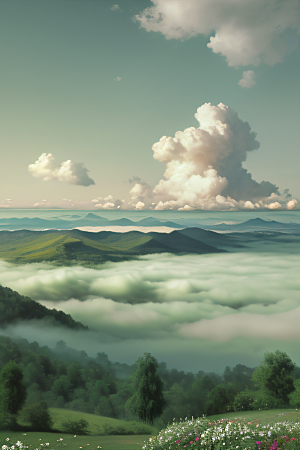夏日童话绿云上的宫殿幻景