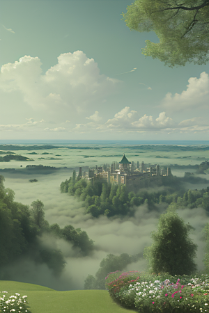 夏日童话绿云上的宫殿幻景