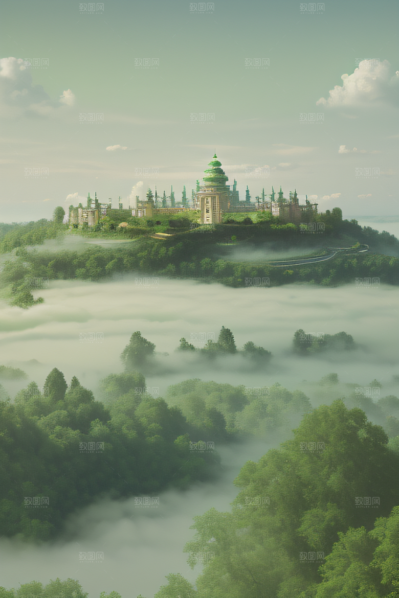 夏日童话绿云上的宫殿幻景