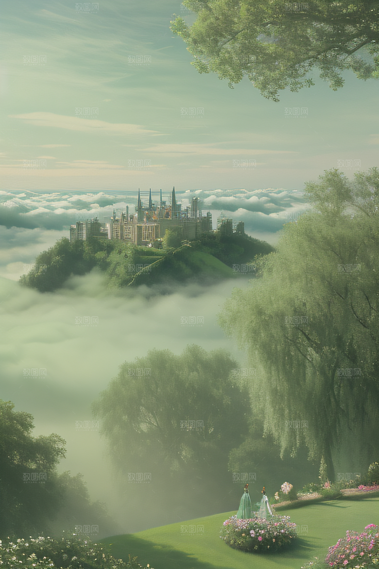 夏日童话绿云上的宫殿幻景