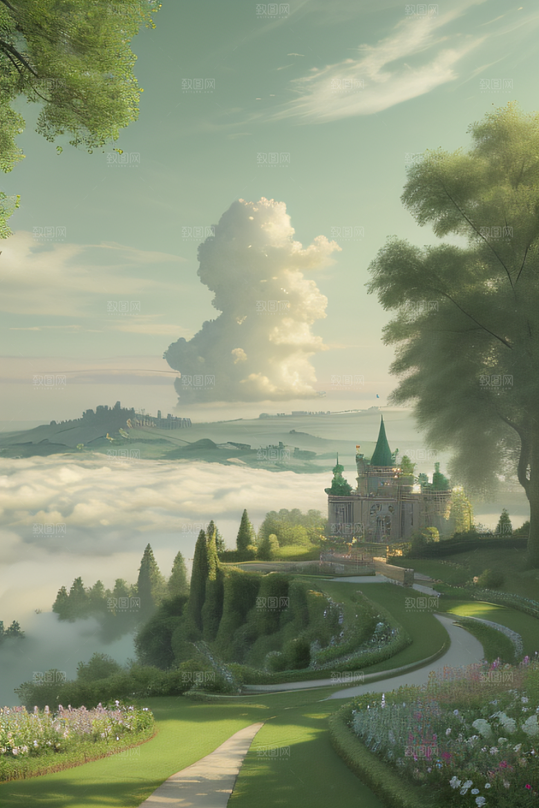 夏日童话绿云上的宫殿幻景