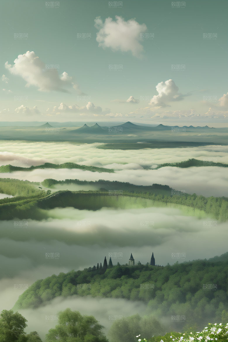 夏日童话绿云上的宫殿幻景