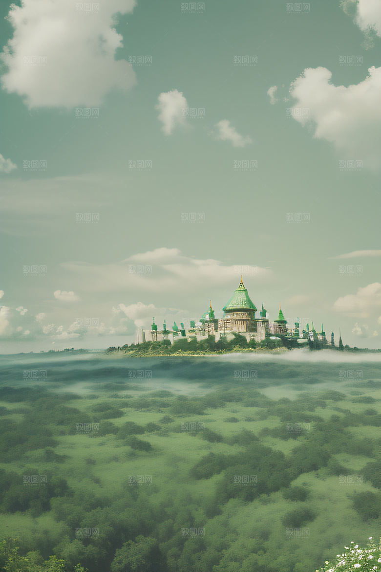 夏日童话绿云上的宫殿幻景