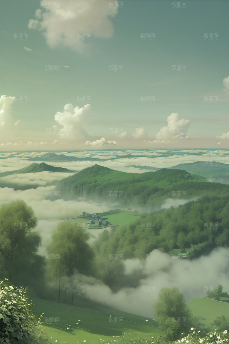夏日童话绿云上的宫殿幻景