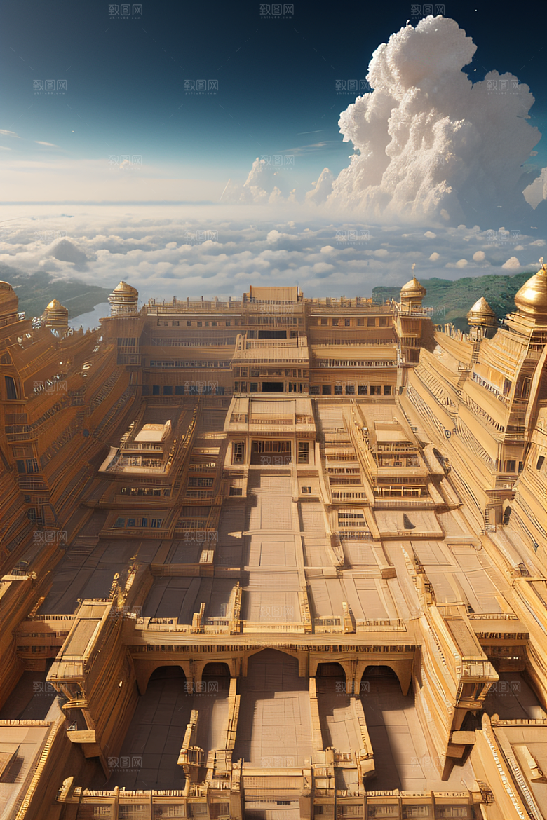 古代金色宫殿云海浩渺背景
