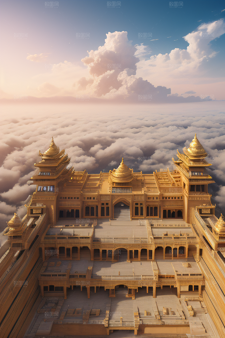 古代金色宫殿云海浩渺背景