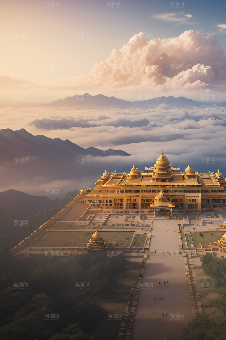 古代金色宫殿云海浩渺背景