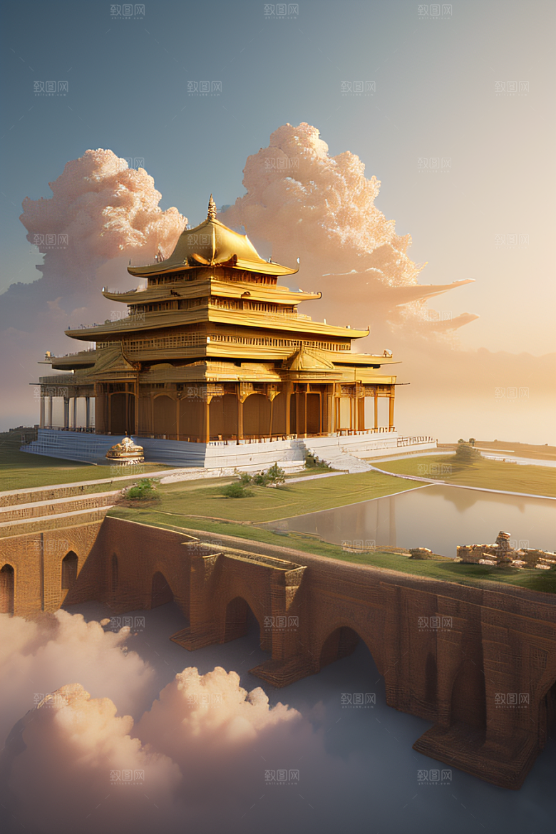 古代金色宫殿云海浩渺背景