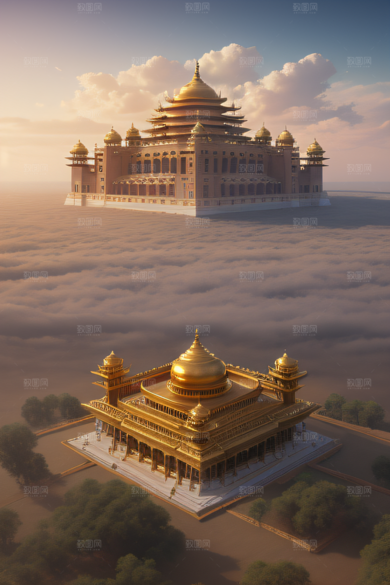 古代金色宫殿云海浩渺背景