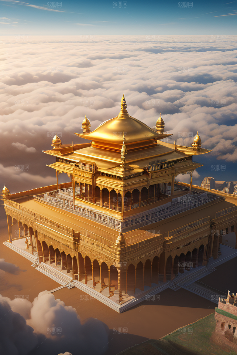 古代金色宫殿云海浩渺背景