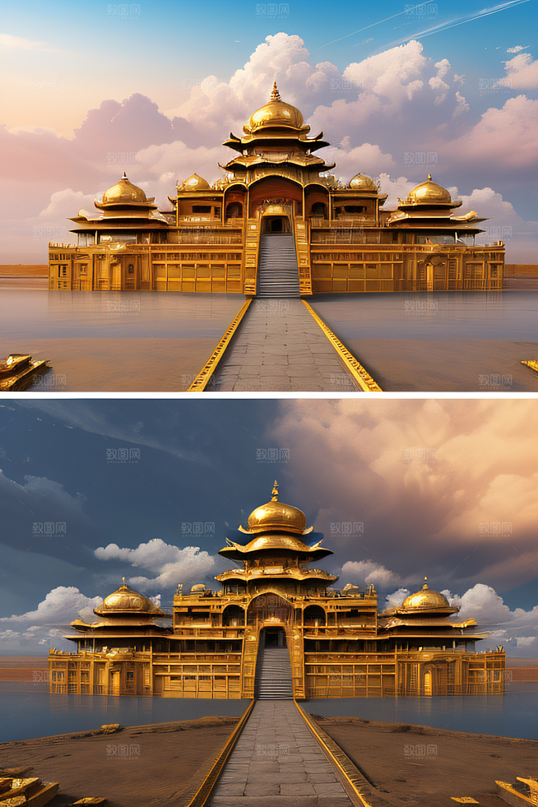 古代金色宫殿云海浩渺背景