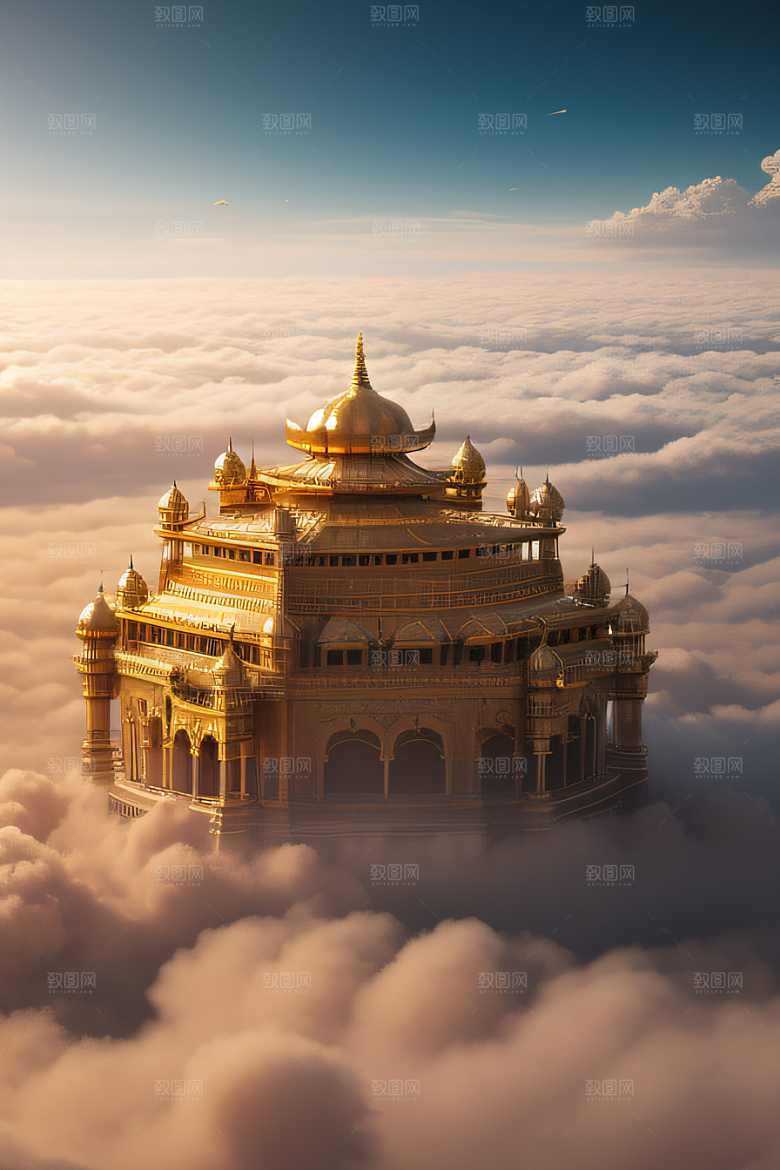 古代金色宫殿云海浩渺背景