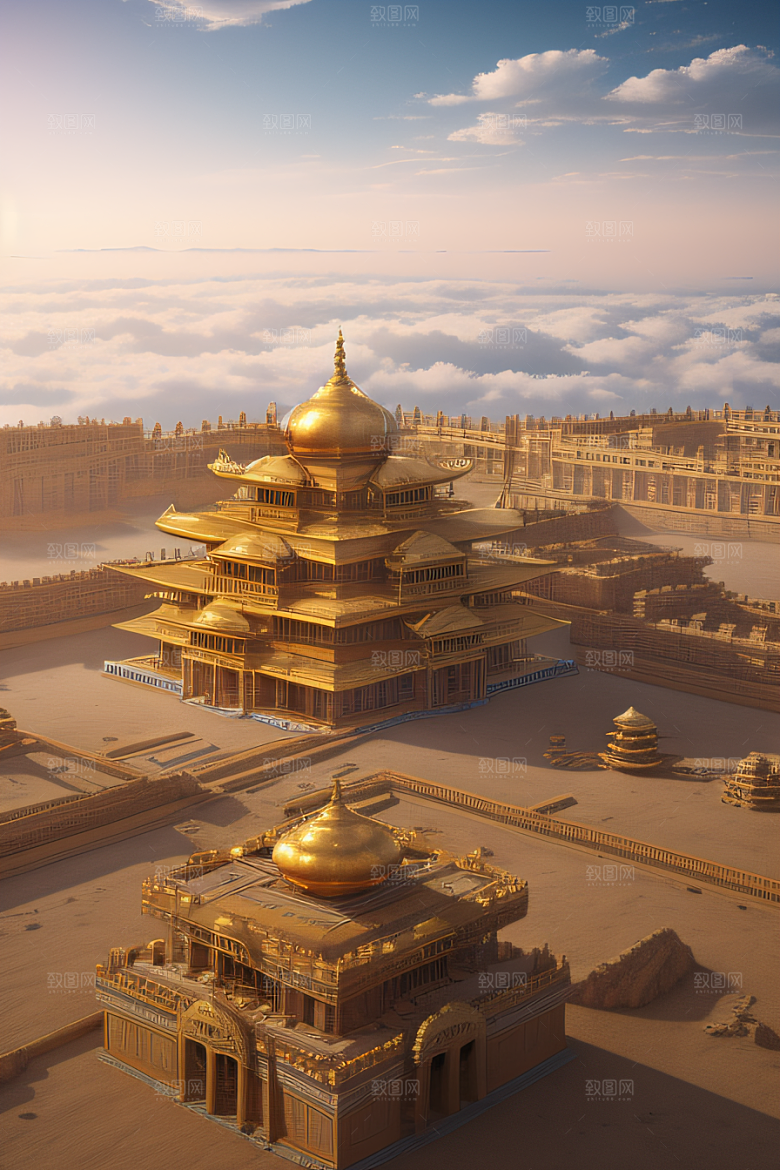 古代金色宫殿云海浩渺背景