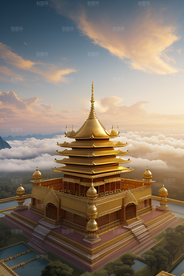 古代金色宫殿云海浩渺背景