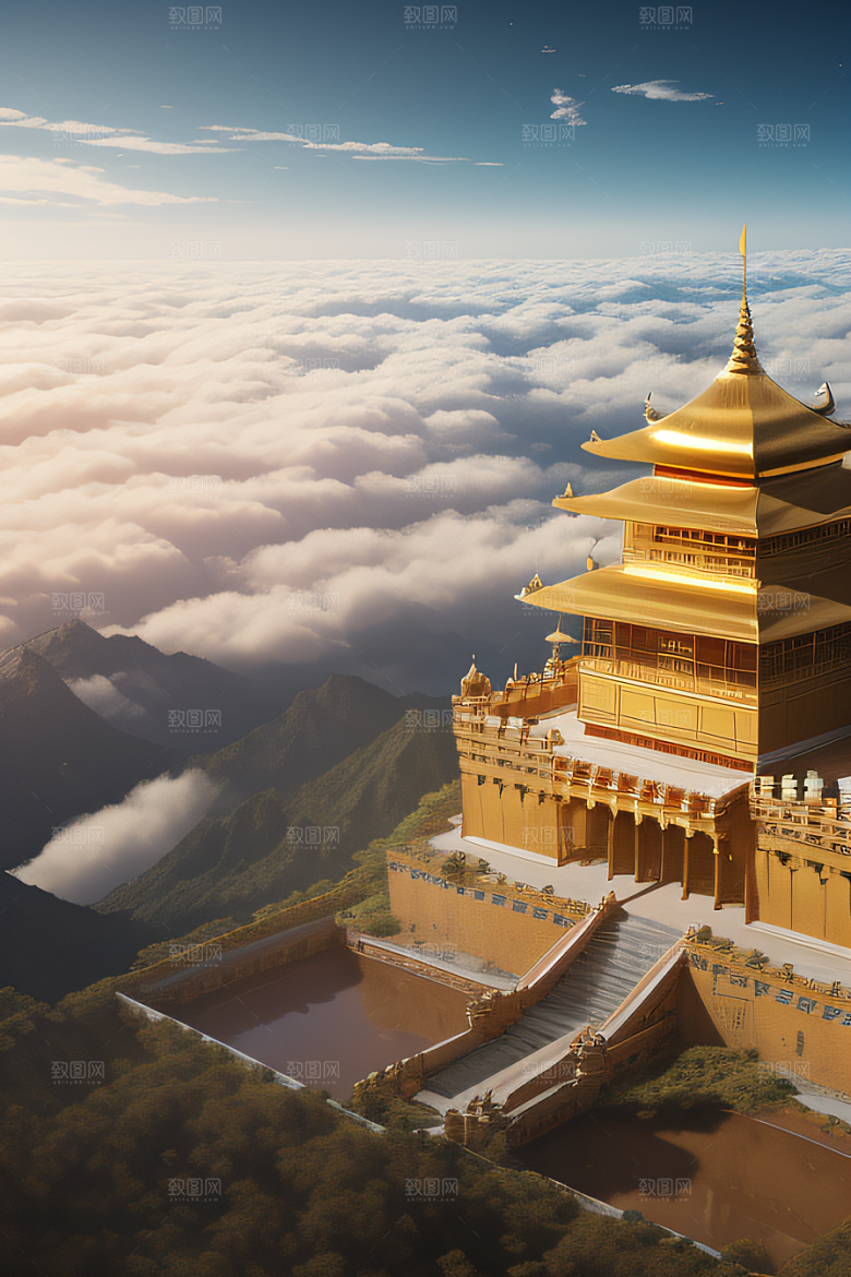 古代金色宫殿云海浩渺背景