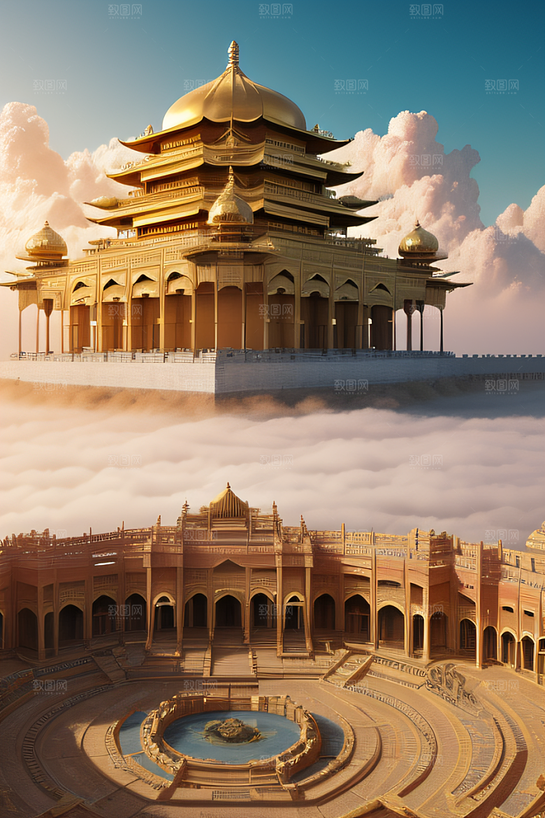 古代金色宫殿云海浩渺背景