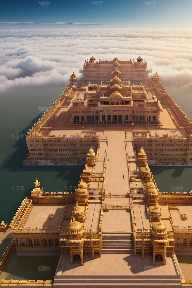 古代金色宫殿云海浩渺背景