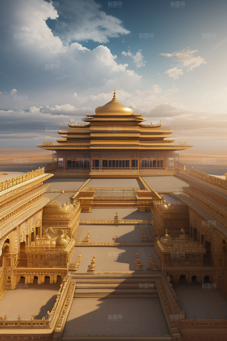 古代金色宫殿云海浩渺背景
