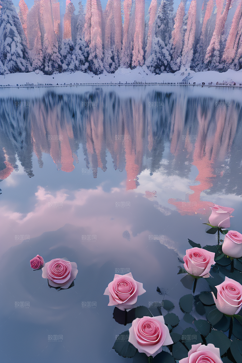 玫瑰花海冰湖浪漫背景