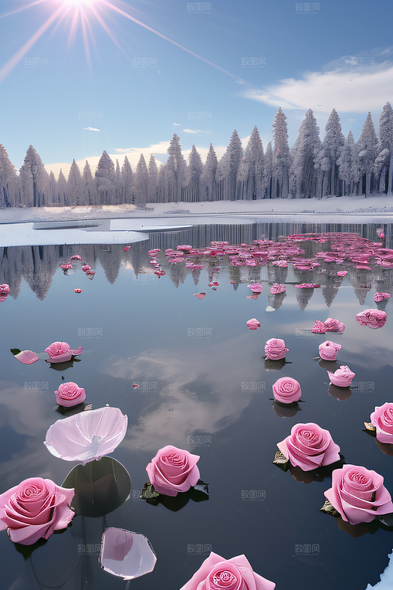 玫瑰花海冰湖浪漫背景