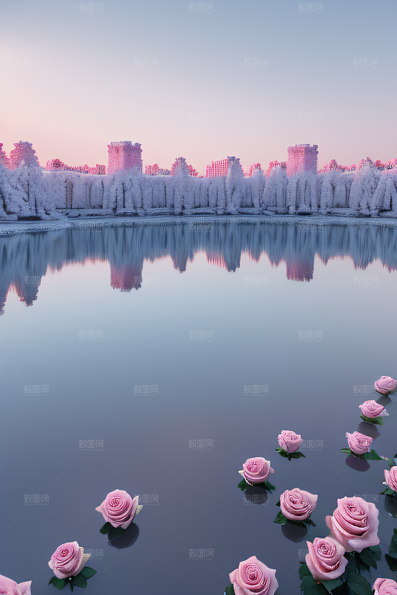 冰湖花海玫瑰倒影迷人