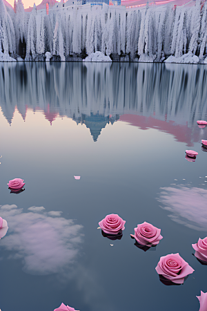 冰玫瑰宫殿湖面上的花海