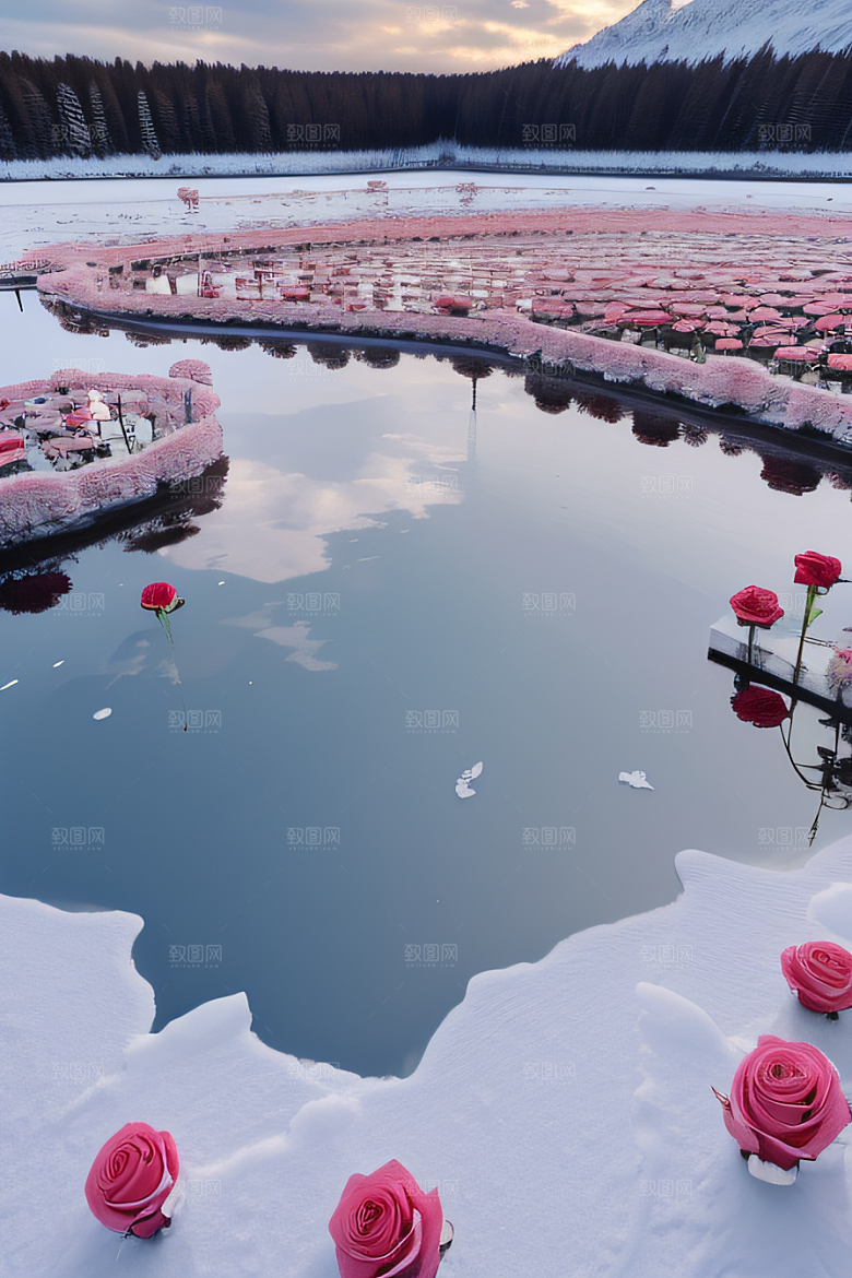冰玫瑰宫殿湖面上的花海