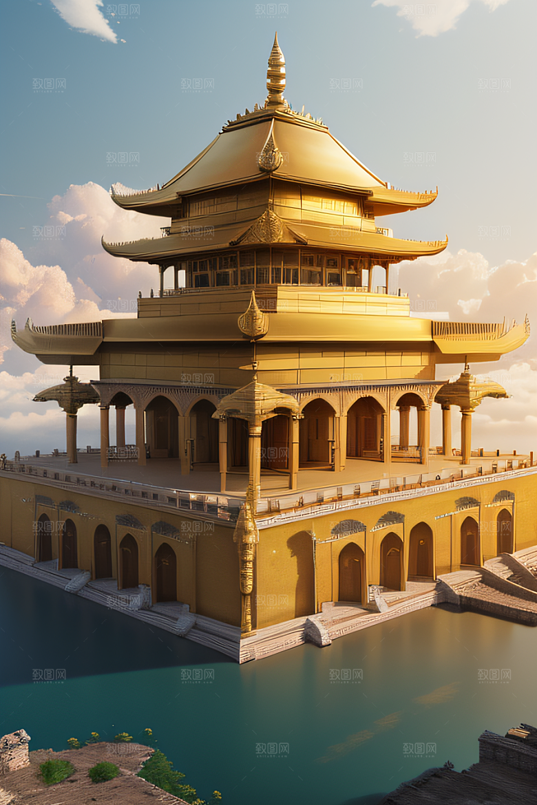 云海漫卷下的古代金色宫殿