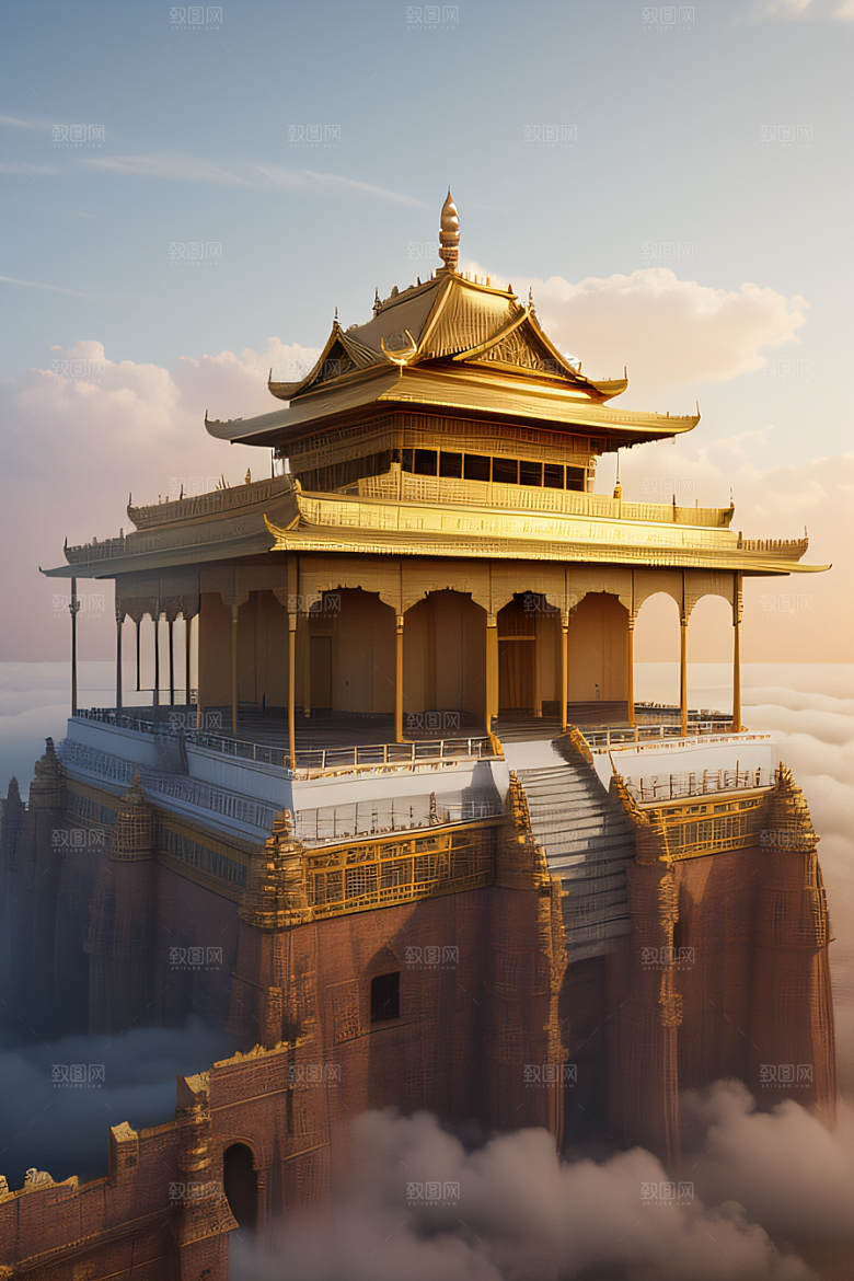 云海漫卷下的古代金色宫殿