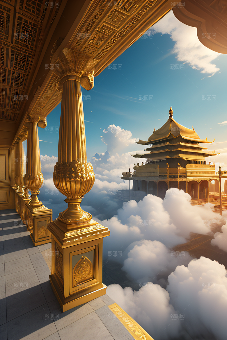 云海漫卷下的古代金色宫殿