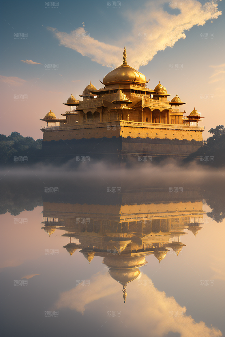 金碧辉煌的古老金宫云海壮丽背景
