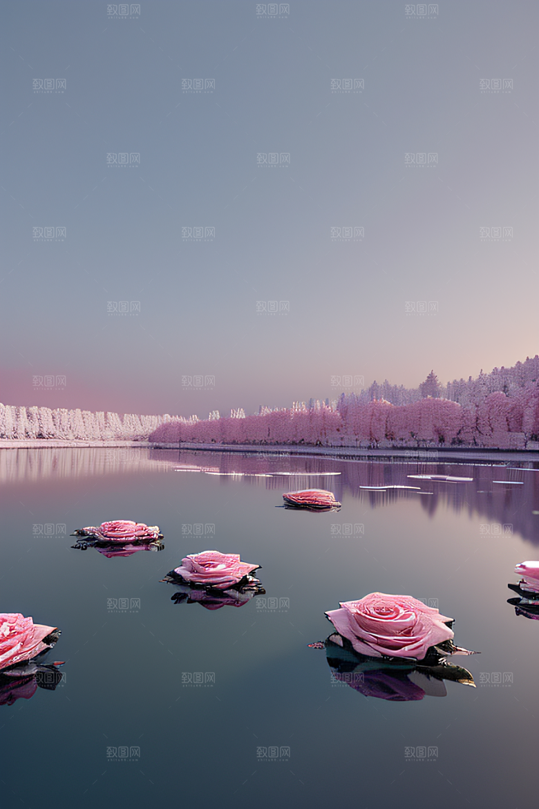 冰湖浪漫背景下的玫瑰花海