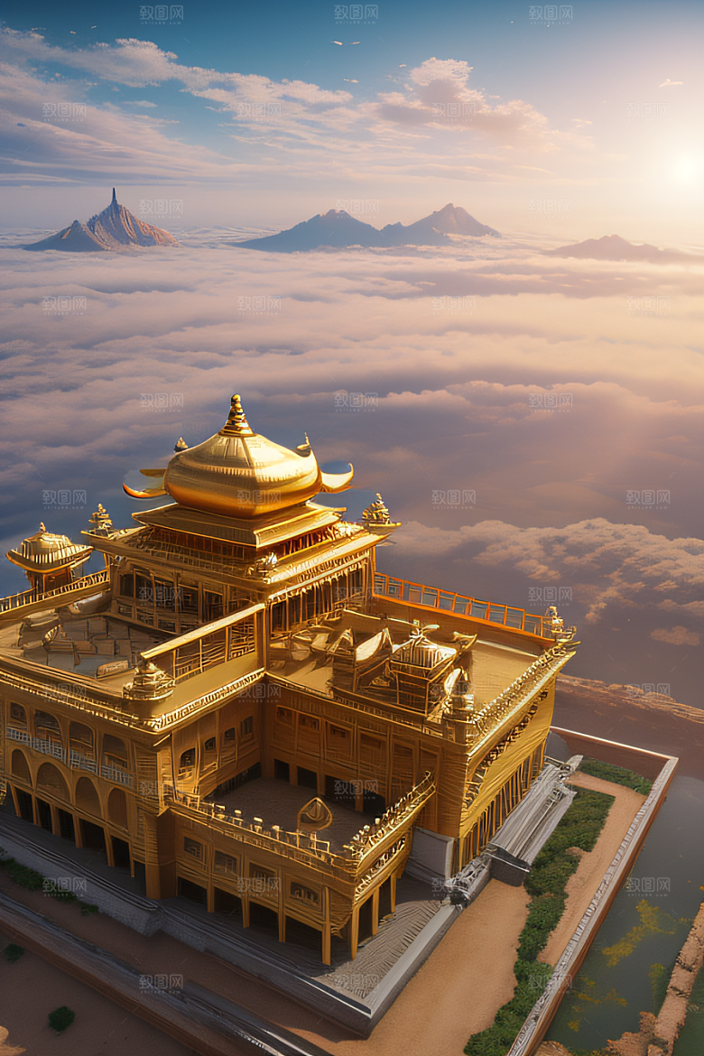 金碧辉煌的古老金宫云海壮丽背景