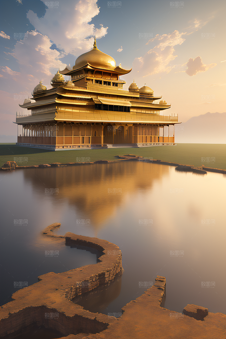 金碧辉煌的古老金宫云海壮丽背景