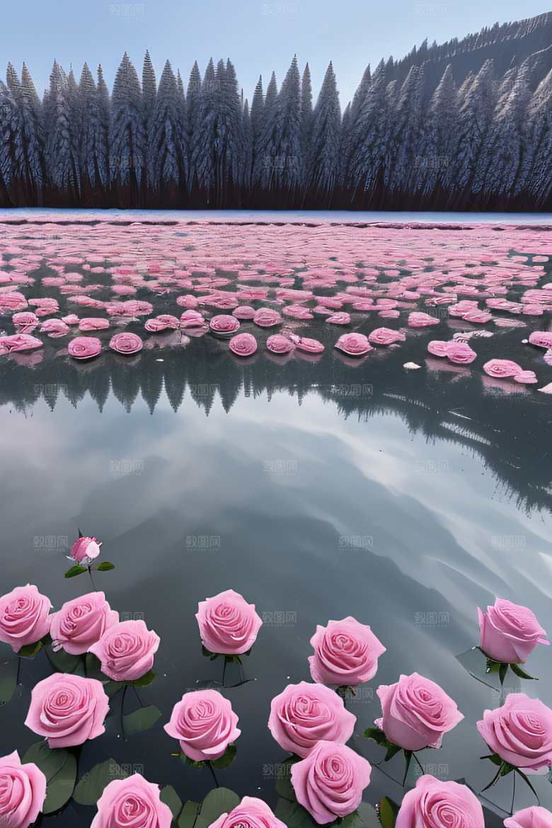 冰湖浪漫背景下的玫瑰花海