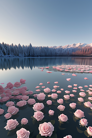 冰湖浪漫背景下的玫瑰花海