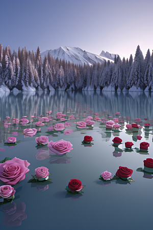 冰湖浪漫背景下的玫瑰花海