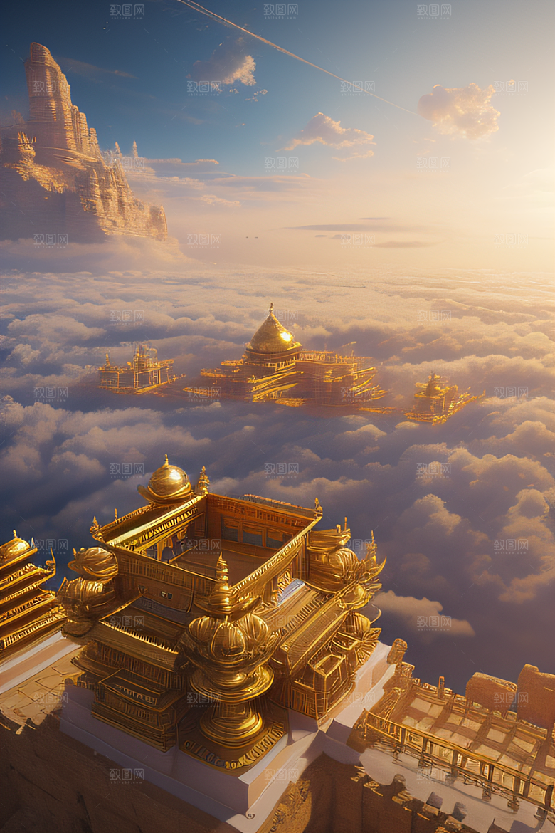金碧辉煌的古老金宫云海壮丽背景