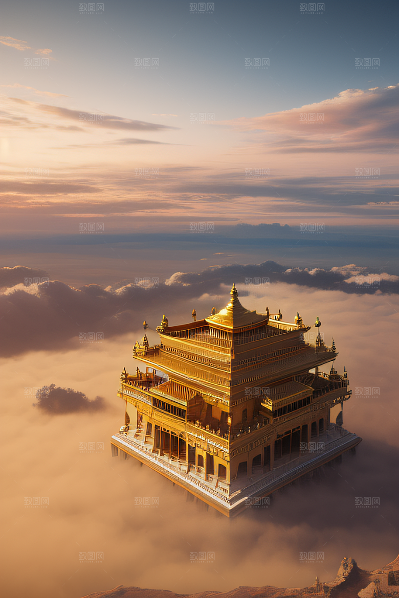 金碧辉煌的古老金宫云海壮丽背景