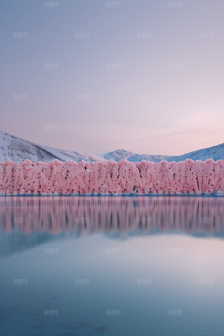 冰湖浪漫背景下的玫瑰花海